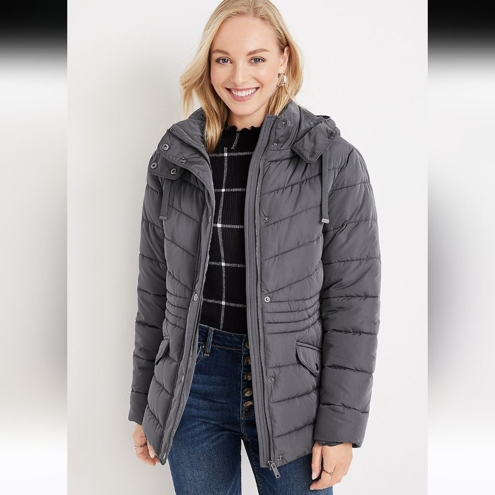 Gray Quilted Puffer Jacket with Hood